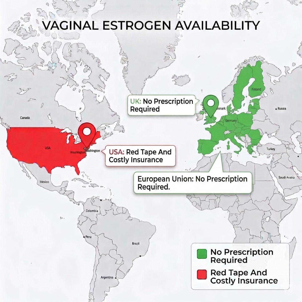 Where vaginal estrogen is sold over the counter, and where it is not
